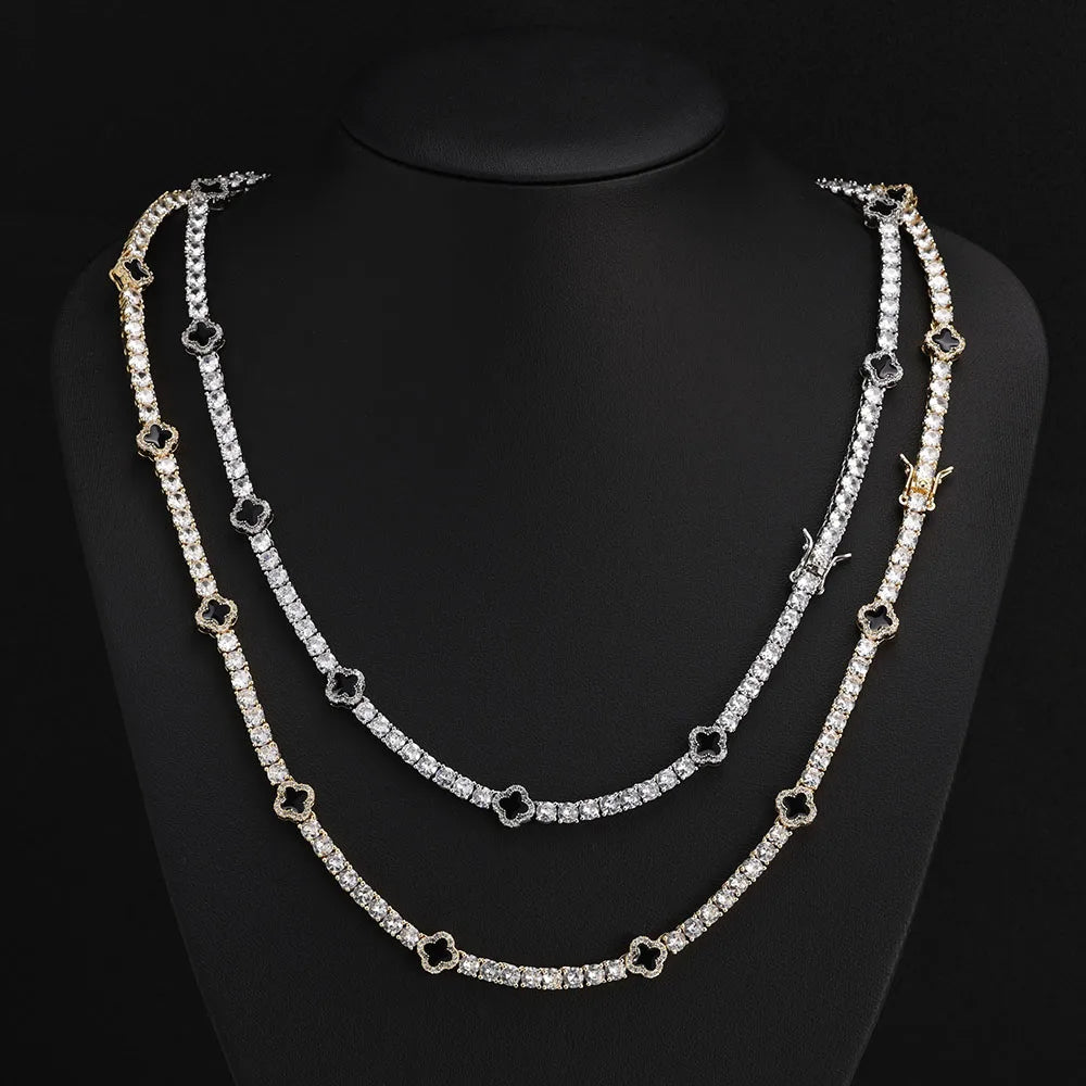 Hip Hop Ice Flower Tennis Clavicle Necklace New Cube Zirconia Brass
