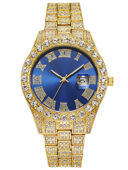 3PCS luxury alloy full diamond rhinestone mirror men's quartz watch