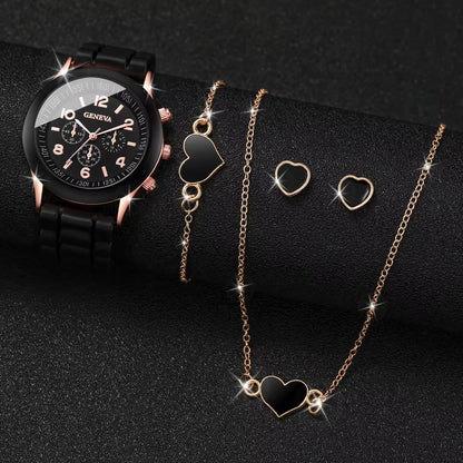 4pcs/set Geneva Fashion Silicone Band Women Quartz Watch & Heart Jewelry Set