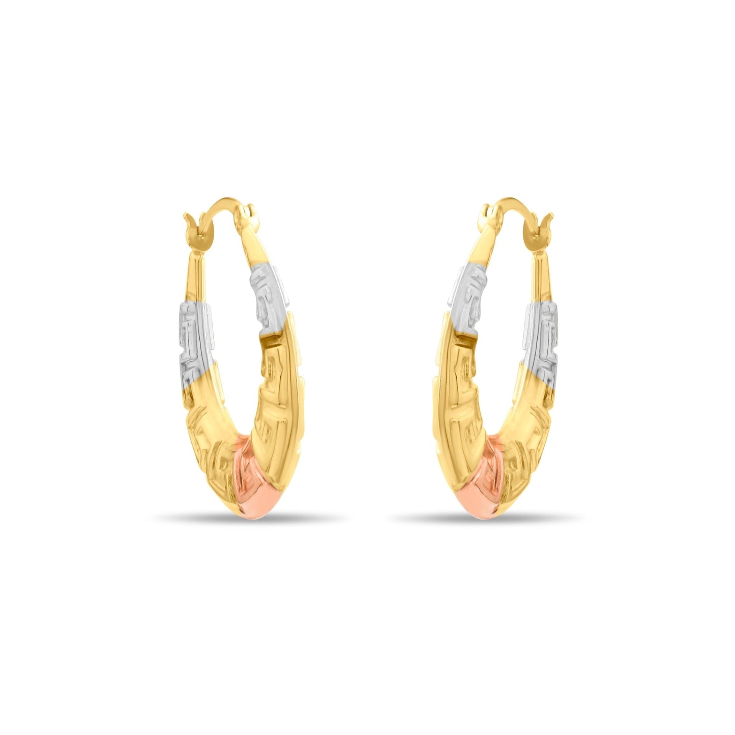 Kolié 9ct Tri-Colour Gold Greek Key Hoop Earrings