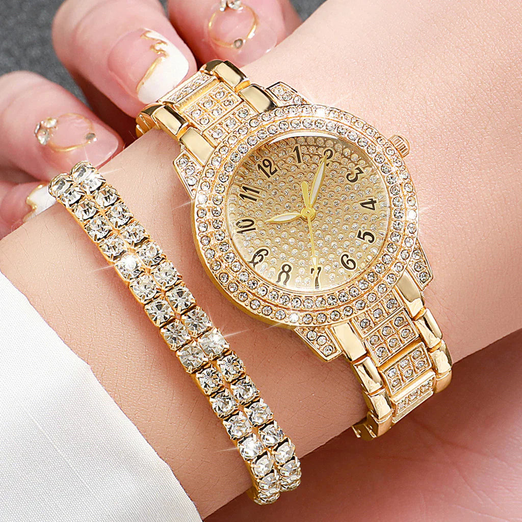 Fashion Numeric Golden Watch with Jewelry Set